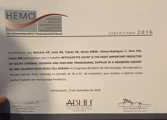 Pesquisa desenvolvida na Hemominas recebe premiação no HEMO 2016
